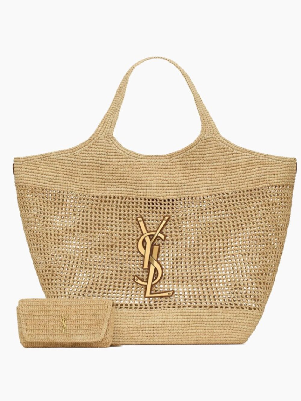 Saint Laurent Icare Raffia Tote Bag In Natural And Gold Hardware With Pouch